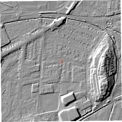 Shaded relief map of the ground around LA44NX, computed from Environment Agency LiDAR. The ground here sits at about 5 m above sea level and falls 13 m across the surrounding 800 m. Surface water reaching this point runs off ground lying to the east, 13.0 m higher.