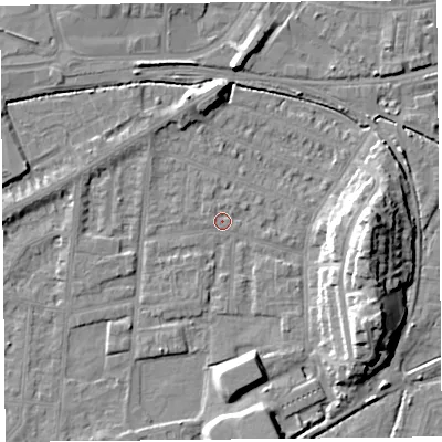 Shaded relief map of the ground around LA44NY, computed from Environment Agency LiDAR. The ground here sits at about 5 m above sea level and falls 13 m across the surrounding 800 m. Surface water reaching this point runs off ground lying to the east, 13.0 m higher.