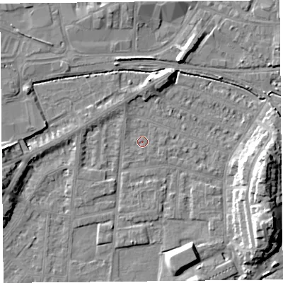 Shaded relief map of the ground around LA44NZ, computed from Environment Agency LiDAR. The ground here sits at about 5 m above sea level and falls 13 m across the surrounding 800 m. Surface water reaching this point runs off ground lying to the west-north-west, 0.6 m higher.