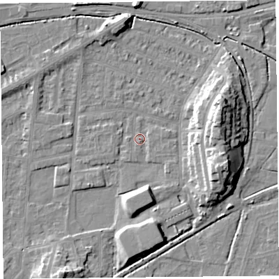 Shaded relief map of the ground around LA44PA, computed from Environment Agency LiDAR. The ground here sits at about 5 m above sea level and falls 13 m across the surrounding 800 m. Surface water reaching this point runs off ground lying to the east-north-east, 12.9 m higher.