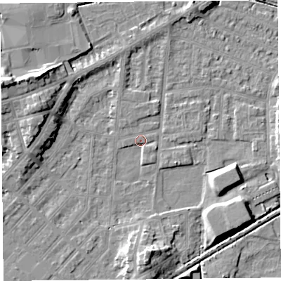 Shaded relief map of the ground around LA44PB, computed from Environment Agency LiDAR. The ground here sits at about 5 m above sea level and falls 12 m across the surrounding 800 m. Surface water reaching this point runs off ground lying to the west-north-west, 8.9 m higher.