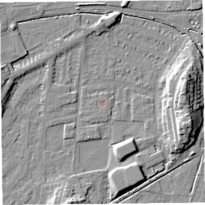 Shaded relief map of the ground around LA44PE, computed from Environment Agency LiDAR. The ground here sits at about 5 m above sea level and falls 13 m across the surrounding 800 m. Surface water reaching this point runs off ground lying to the south, 0.6 m higher.