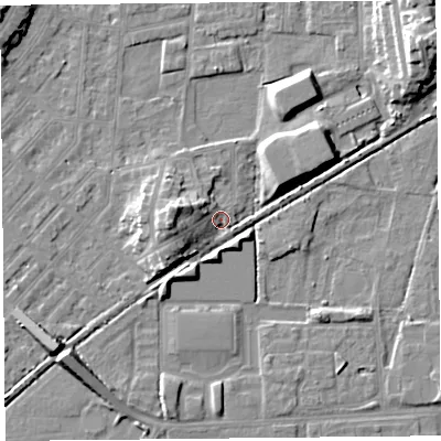 Shaded relief map of the ground around LA44PQ, computed from Environment Agency LiDAR. The ground here sits at about 5 m above sea level and falls 13 m across the surrounding 800 m. Surface water reaching this point runs off ground lying to the west, 8.3 m higher.
