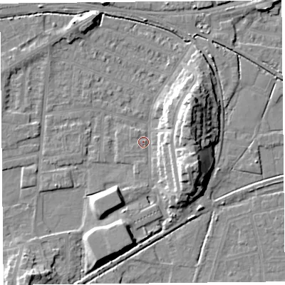 Shaded relief map of the ground around LA44PR, computed from Environment Agency LiDAR. The ground here sits at about 5 m above sea level and falls 13 m across the surrounding 800 m. Surface water reaching this point runs off ground lying to the east-north-east, 12.7 m higher.