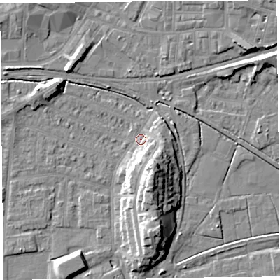Shaded relief map of the ground around LA44PT, computed from Environment Agency LiDAR. The ground here sits at about 6 m above sea level and falls 13 m across the surrounding 800 m. Surface water reaching this point runs off ground lying to the south-south-east, 11.0 m higher.