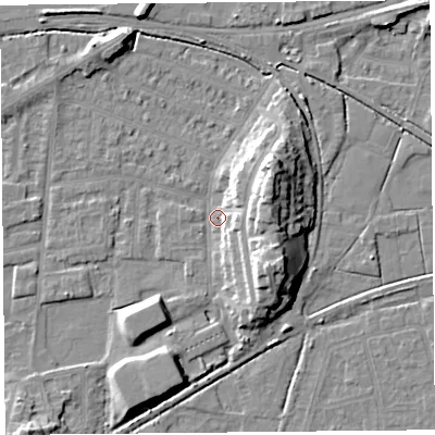 Shaded relief map of the ground around LA44PU, computed from Environment Agency LiDAR. The ground here sits at about 5 m above sea level and falls 13 m across the surrounding 800 m. Surface water reaching this point runs off ground lying to the east-north-east, 12.8 m higher.