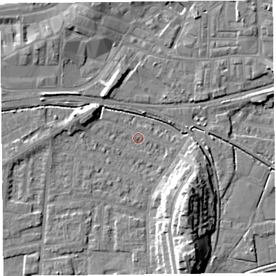 Shaded relief map of the ground around LA44PY, computed from Environment Agency LiDAR. The ground here sits at about 5 m above sea level and falls 13 m across the surrounding 800 m. Surface water reaching this point runs off ground lying to the south-east, 12.8 m higher.