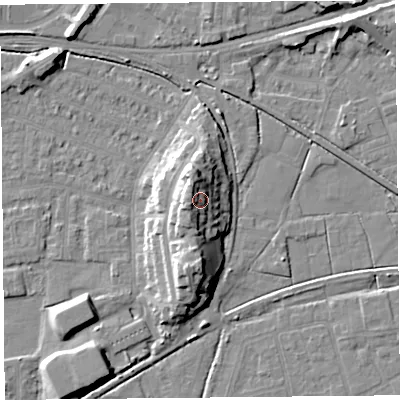 Shaded relief map of the ground around LA44QB, computed from Environment Agency LiDAR. The ground here sits at about 14 m above sea level and falls 13 m across the surrounding 800 m. Surface water reaching this point runs off ground lying to the west-south-west, 4.3 m higher.