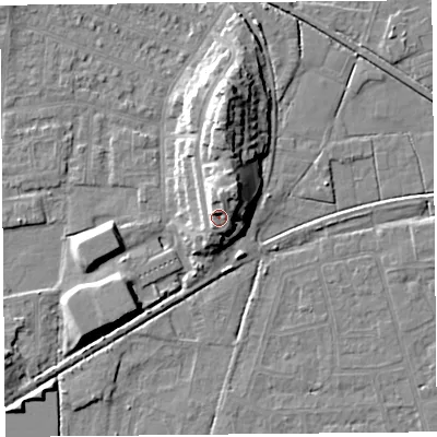 Shaded relief map of the ground around LA44QF, computed from Environment Agency LiDAR. The ground here sits at about 13 m above sea level and falls 14 m across the surrounding 800 m. Surface water reaching this point runs off ground lying to the north-north-east, 4.6 m higher.