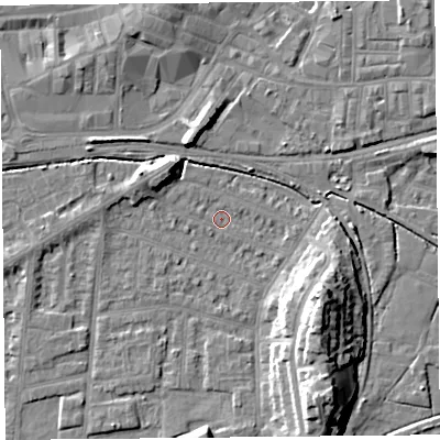Shaded relief map of the ground around LA44QG, computed from Environment Agency LiDAR. The ground here sits at about 5 m above sea level and falls 13 m across the surrounding 800 m. Surface water reaching this point runs off ground lying to the south-east, 12.8 m higher.