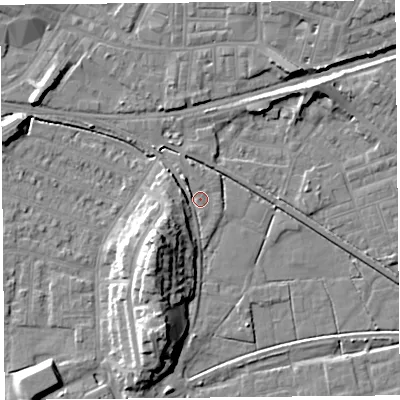 Shaded relief map of the ground around LA44QH, computed from Environment Agency LiDAR. The ground here sits at about 6 m above sea level and falls 13 m across the surrounding 800 m. Surface water reaching this point runs off ground lying to the north-west, 3.0 m higher.