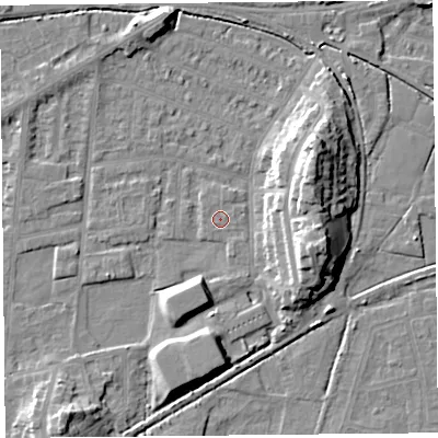 Shaded relief map of the ground around LA44QJ, computed from Environment Agency LiDAR. The ground here sits at about 5 m above sea level and falls 13 m across the surrounding 800 m. Surface water reaching this point runs off ground lying to the east-north-east, 0.5 m higher.