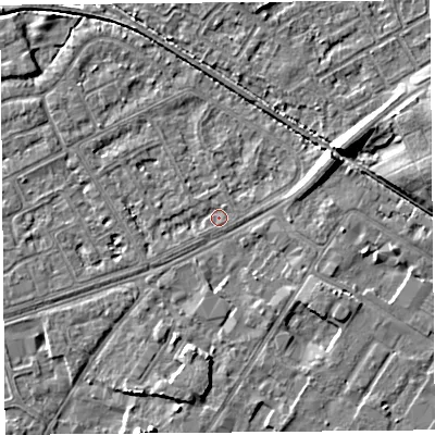 Shaded relief map of the ground around LA44RD, computed from Environment Agency LiDAR. The ground here sits at about 5 m above sea level and falls 7 m across the surrounding 800 m. Surface water reaching this point runs off ground lying to the west-south-west, 1.0 m higher.