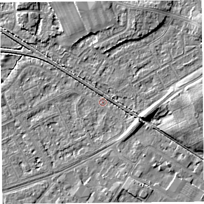 Shaded relief map of the ground around LA44RE, computed from Environment Agency LiDAR. The ground here sits at about 5 m above sea level and falls 7 m across the surrounding 800 m. Surface water reaching this point runs off ground lying to the east-south-east, 7.0 m higher.