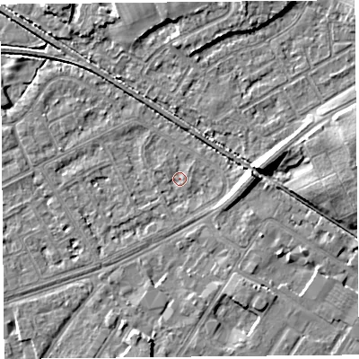 Shaded relief map of the ground around LA44RF, computed from Environment Agency LiDAR. The ground here sits at about 5 m above sea level and falls 7 m across the surrounding 800 m. Surface water reaching this point runs off ground lying to the east-south-east, 3.9 m higher.
