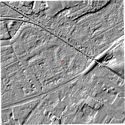 Shaded relief map of the ground around LA44RG, computed from Environment Agency LiDAR. The ground here sits at about 5 m above sea level and falls 7 m across the surrounding 800 m. Surface water reaching this point runs off ground lying to the east-south-east, 3.9 m higher.