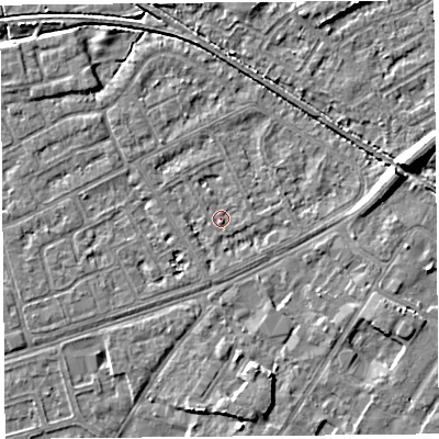 Shaded relief map of the ground around LA44RH, computed from Environment Agency LiDAR. The ground here sits at about 5 m above sea level and falls 7 m across the surrounding 800 m. Surface water reaching this point runs off ground lying to the east-north-east, 7.0 m higher.