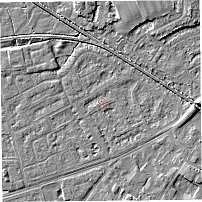 Shaded relief map of the ground around LA44RJ, computed from Environment Agency LiDAR. The ground here sits at about 5 m above sea level and falls 7 m across the surrounding 800 m. Surface water reaching this point runs off ground lying to the east, 7.0 m higher.