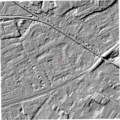 Shaded relief map of the ground around LA44RL, computed from Environment Agency LiDAR. The ground here sits at about 5 m above sea level and falls 7 m across the surrounding 800 m. Surface water reaching this point runs off ground lying to the east, 7.0 m higher.