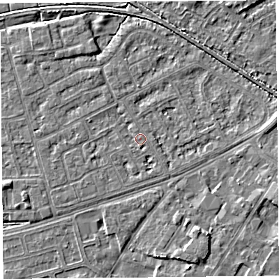 Shaded relief map of the ground around LA44RN, computed from Environment Agency LiDAR. The ground here sits at about 5 m above sea level and falls 5 m across the surrounding 800 m. Surface water reaching this point runs off ground lying to the north-north-east, 0.9 m higher.