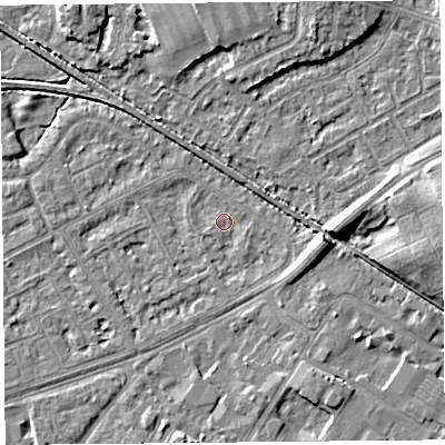 Shaded relief map of the ground around LA44RQ, computed from Environment Agency LiDAR. The ground here sits at about 5 m above sea level and falls 7 m across the surrounding 800 m. Surface water reaching this point runs off ground lying to the east-south-east, 3.9 m higher.