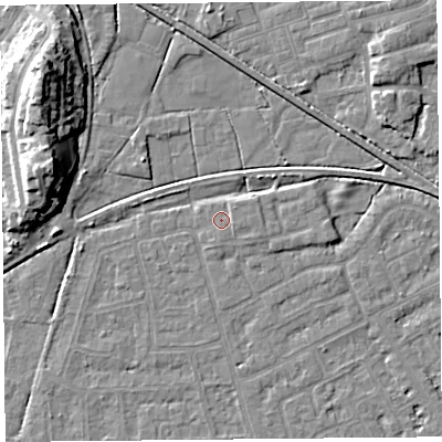 Shaded relief map of the ground around LA44RS, computed from Environment Agency LiDAR. The ground here sits at about 6 m above sea level and falls 13 m across the surrounding 800 m. Surface water reaching this point runs off ground lying to the north-east, 1.1 m higher.