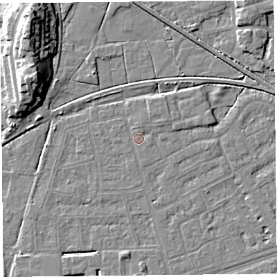 Shaded relief map of the ground around LA44RU, computed from Environment Agency LiDAR. The ground here sits at about 5 m above sea level and falls 14 m across the surrounding 800 m. Surface water reaching this point runs off ground lying to the east-north-east, 1.6 m higher.