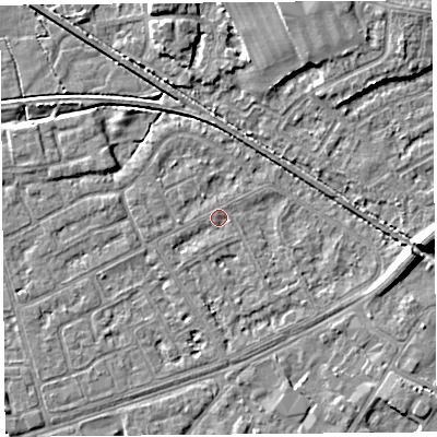 Shaded relief map of the ground around LA44RW, computed from Environment Agency LiDAR. The ground here sits at about 5 m above sea level and falls 7 m across the surrounding 800 m. Surface water reaching this point runs off ground lying to the east, 7.0 m higher.