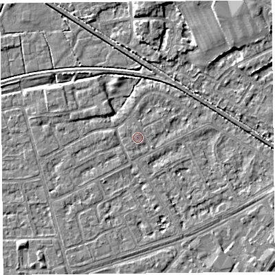 Shaded relief map of the ground around LA44SG, computed from Environment Agency LiDAR. The ground here sits at about 5 m above sea level and falls 5 m across the surrounding 800 m. Surface water reaching this point runs off ground lying to the east-south-east, 0.7 m higher.