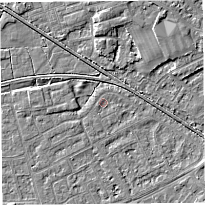 Shaded relief map of the ground around LA44SH, computed from Environment Agency LiDAR. The ground here sits at about 5 m above sea level and falls 5 m across the surrounding 800 m. Surface water reaching this point runs off ground lying to the south-west, 0.8 m higher.