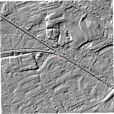 Shaded relief map of the ground around LA44SJ, computed from Environment Agency LiDAR. The ground here sits at about 5 m above sea level and falls 7 m across the surrounding 800 m. Surface water reaching this point runs off ground lying to the west-south-west, 2.6 m higher.