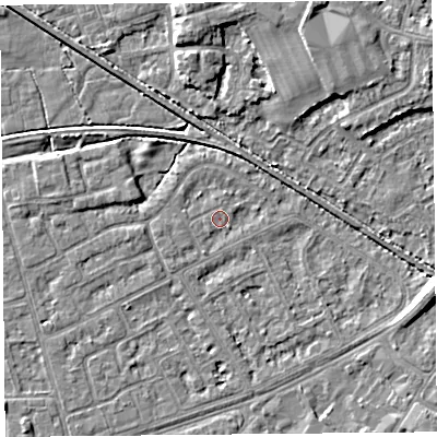 Shaded relief map of the ground around LA44SQ, computed from Environment Agency LiDAR. The ground here sits at about 5 m above sea level and falls 7 m across the surrounding 800 m. Surface water reaching this point runs off ground lying to the east-south-east, 6.9 m higher.