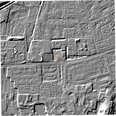 Shaded relief map of the ground around LA44TA, computed from Environment Agency LiDAR. The ground here sits at about 5 m above sea level and falls 7 m across the surrounding 800 m. Surface water reaching this point runs off ground lying to the west, 3.6 m higher.