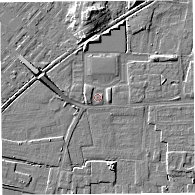 Shaded relief map of the ground around LA44TB, computed from Environment Agency LiDAR. The ground here sits at about 6 m above sea level and falls 9 m across the surrounding 800 m. Surface water reaching this point runs off ground lying to the west-south-west, 2.1 m higher.