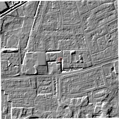 Shaded relief map of the ground around LA44TE, computed from Environment Agency LiDAR. The ground here sits at about 6 m above sea level and falls 8 m across the surrounding 800 m. Surface water reaching this point runs off ground lying to the south-south-east, 3.3 m higher.