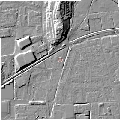 Shaded relief map of the ground around LA44TH, computed from Environment Agency LiDAR. The ground here sits at about 5 m above sea level and falls 14 m across the surrounding 800 m. Surface water reaching this point runs off ground lying to the east-north-east, 2.0 m higher.