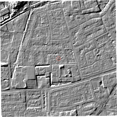 Shaded relief map of the ground around LA44TJ, computed from Environment Agency LiDAR. The ground here sits at about 5 m above sea level and falls 9 m across the surrounding 800 m. Surface water reaching this point runs off ground lying to the south-south-east, 1.9 m higher.