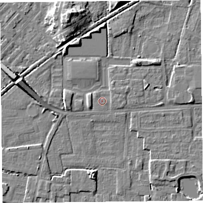 Shaded relief map of the ground around LA44TL, computed from Environment Agency LiDAR. The ground here sits at about 5 m above sea level and falls 9 m across the surrounding 800 m. Surface water reaching this point runs off ground lying to the east, 0.8 m higher.