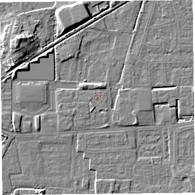Shaded relief map of the ground around LA44TN, computed from Environment Agency LiDAR. The ground here sits at about 5 m above sea level and falls 9 m across the surrounding 800 m. Surface water reaching this point runs off ground lying to the south-south-west, 1.5 m higher.