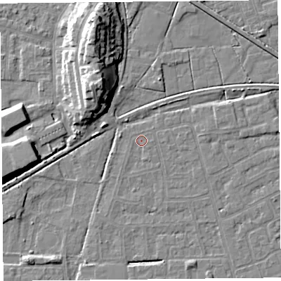 Shaded relief map of the ground around LA44TP, computed from Environment Agency LiDAR. The ground here sits at about 5 m above sea level and falls 14 m across the surrounding 800 m. Surface water reaching this point runs off ground lying to the south, 0.7 m higher.
