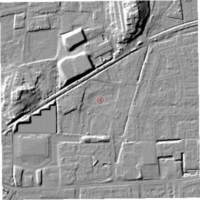 Shaded relief map of the ground around LA44TQ, computed from Environment Agency LiDAR. The ground here sits at about 4 m above sea level and falls 14 m across the surrounding 800 m. Surface water reaching this point runs off ground lying to the north-north-east, 13.1 m higher.
