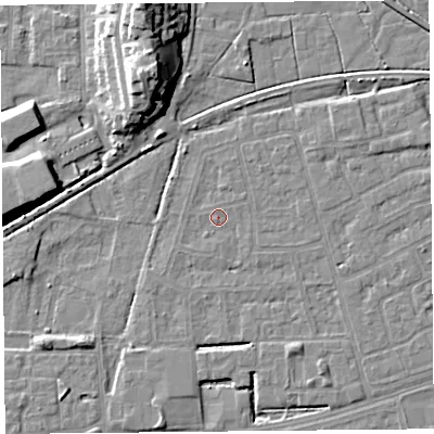 Shaded relief map of the ground around LA44TR, computed from Environment Agency LiDAR. The ground here sits at about 5 m above sea level and falls 14 m across the surrounding 800 m. Surface water reaching this point runs off ground lying to the south-east, 1.2 m higher.