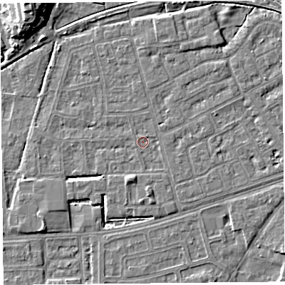 Shaded relief map of the ground around LA44TS, computed from Environment Agency LiDAR. The ground here sits at about 5 m above sea level and falls 13 m across the surrounding 800 m. Surface water reaching this point runs off ground lying to the south, 1.7 m higher.