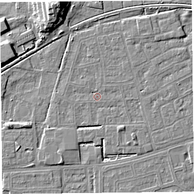 Shaded relief map of the ground around LA44TT, computed from Environment Agency LiDAR. The ground here sits at about 5 m above sea level and falls 14 m across the surrounding 800 m. Surface water reaching this point runs off ground lying to the north-east, 1.2 m higher.