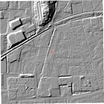 Shaded relief map of the ground around LA44TU, computed from Environment Agency LiDAR. The ground here sits at about 5 m above sea level and falls 14 m across the surrounding 800 m. Surface water reaching this point runs off ground lying to the east-south-east, 1.2 m higher.