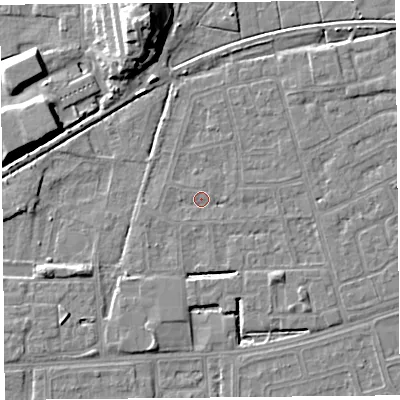 Shaded relief map of the ground around LA44TX, computed from Environment Agency LiDAR. The ground here sits at about 5 m above sea level and falls 14 m across the surrounding 800 m. Surface water reaching this point runs off ground lying to the east, 1.2 m higher.