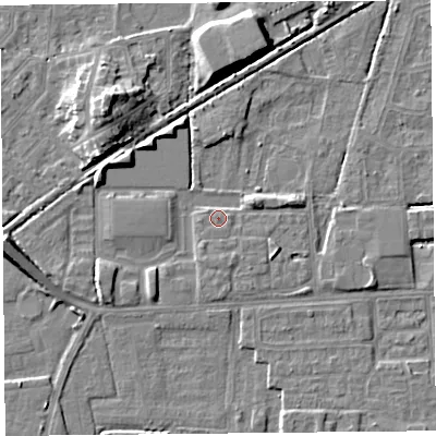 Shaded relief map of the ground around LA44TZ, computed from Environment Agency LiDAR. The ground here sits at about 5 m above sea level and falls 9 m across the surrounding 800 m. Surface water reaching this point runs off ground lying to the east-north-east, 3.4 m higher.