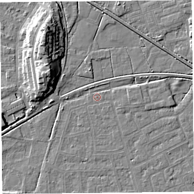Shaded relief map of the ground around LA44UB, computed from Environment Agency LiDAR. The ground here sits at about 5 m above sea level and falls 13 m across the surrounding 800 m. Surface water reaching this point runs off ground lying to the east, 2.6 m higher.