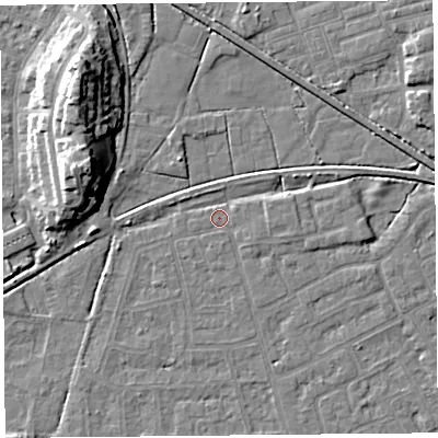 Shaded relief map of the ground around LA44UD, computed from Environment Agency LiDAR. The ground here sits at about 5 m above sea level and falls 13 m across the surrounding 800 m. Surface water reaching this point runs off ground lying to the east, 1.6 m higher.