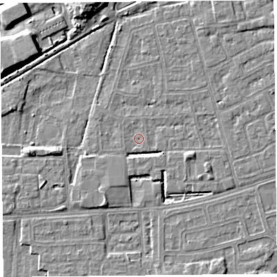 Shaded relief map of the ground around LA44UE, computed from Environment Agency LiDAR. The ground here sits at about 5 m above sea level and falls 9 m across the surrounding 800 m. Surface water reaching this point runs off ground lying to the east-south-east, 3.3 m higher.